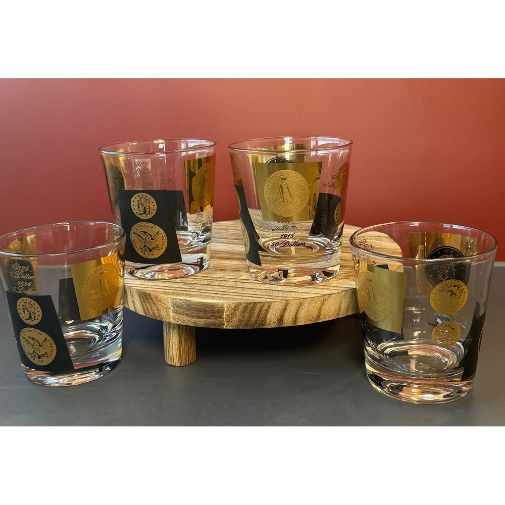 Cera Ambassador Gold Coin Ice Bucket and 4 Rocks Glasses MCM Barware Set - Picture 12 of 16